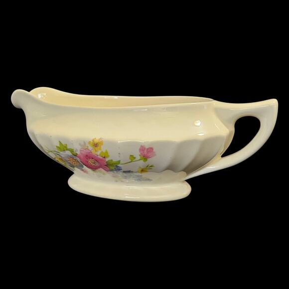 Vintage Edwin M. Knowles Gravy Boat Pink & Blue Floral Semi Vitreous USA - Picture 1 of 6